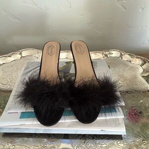 Women's Black Feather Slide Mules - Luxe Slip-On Heels